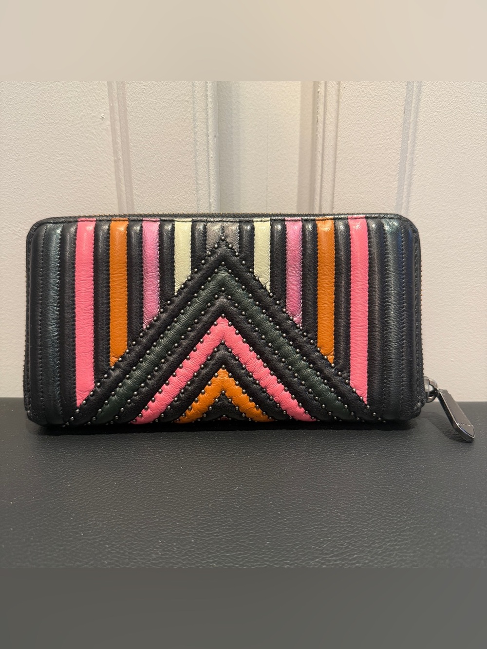Rare Vintage EUC Coach Zip Long Wallet Quilted Colorblock & Rivets